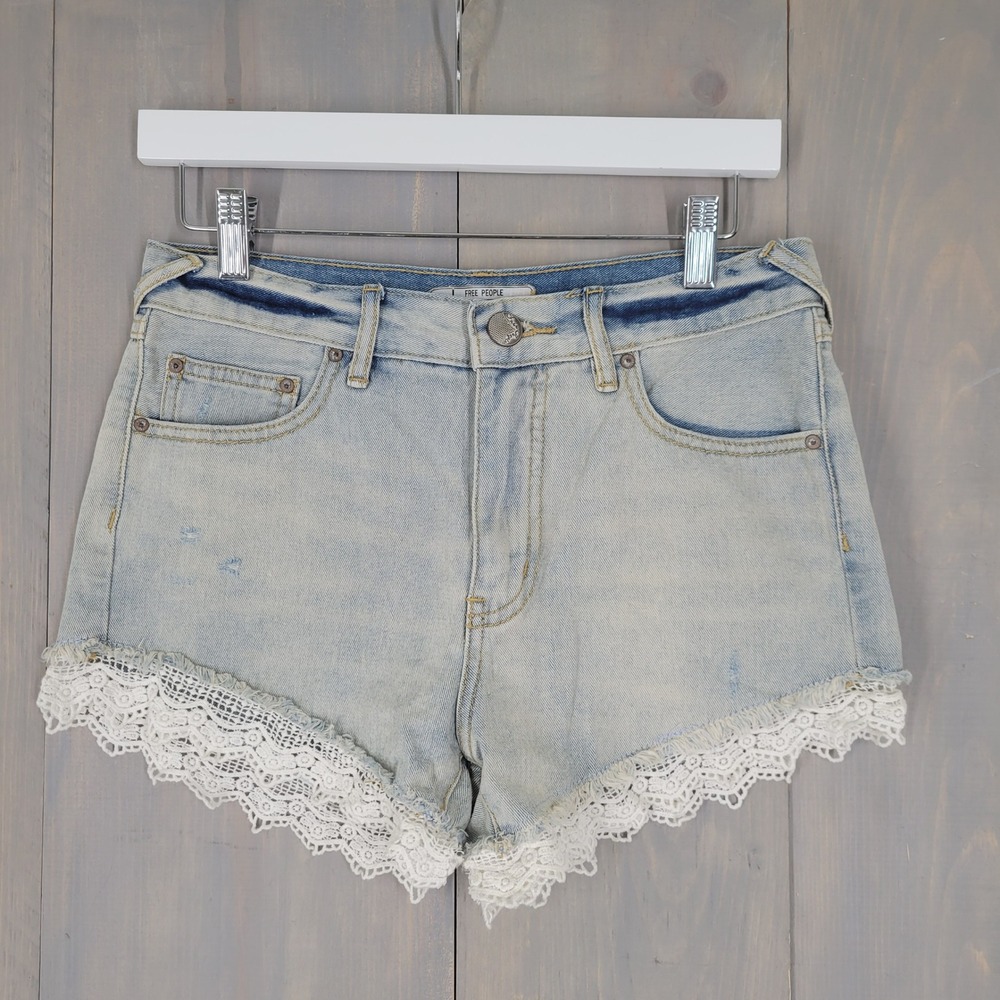 Free People Denim Shorts Women 26 Light Blue Crochet Lace Trim High Rise